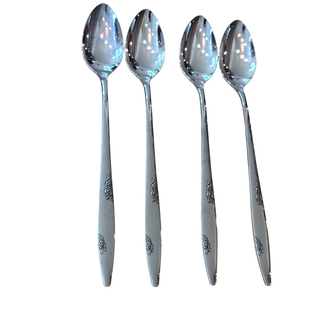 Set 4 Oneida Ltd Rose Duet Iced Tea Spoons 7.5 Inch Silver Stainless Floral MCM